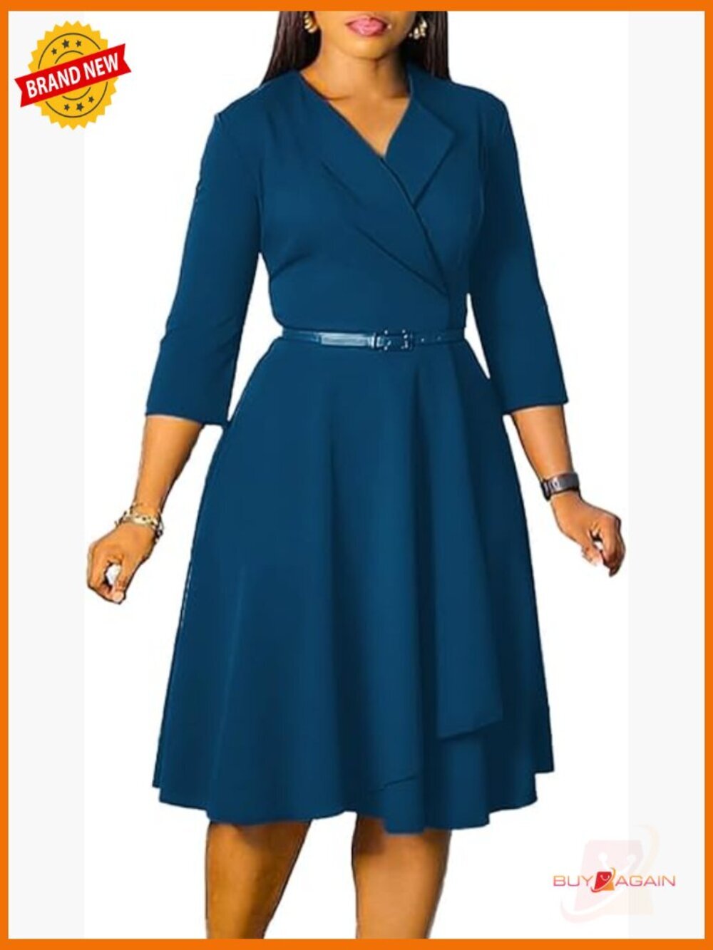3/4 Sleeve A-Line Dress with Belt for Wedding Guest or Work - Picture 1 of 7